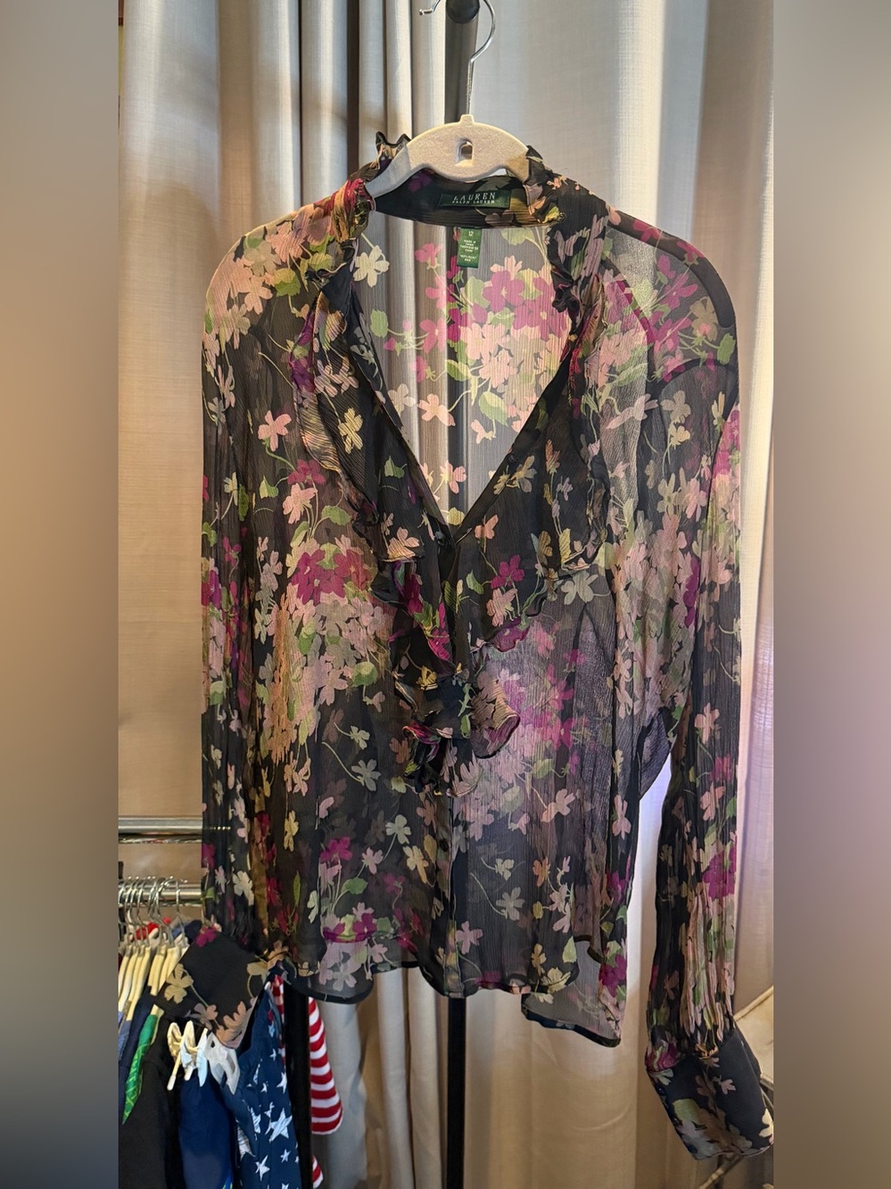 Ralph Lauren Black Sheer Floral Ruffle Blouse